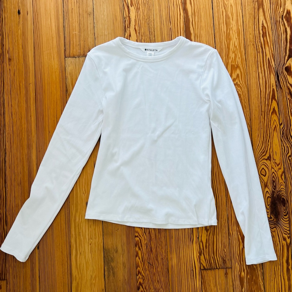 Athleta Signature Rib Crew Top Long Sleeve Bright White Small